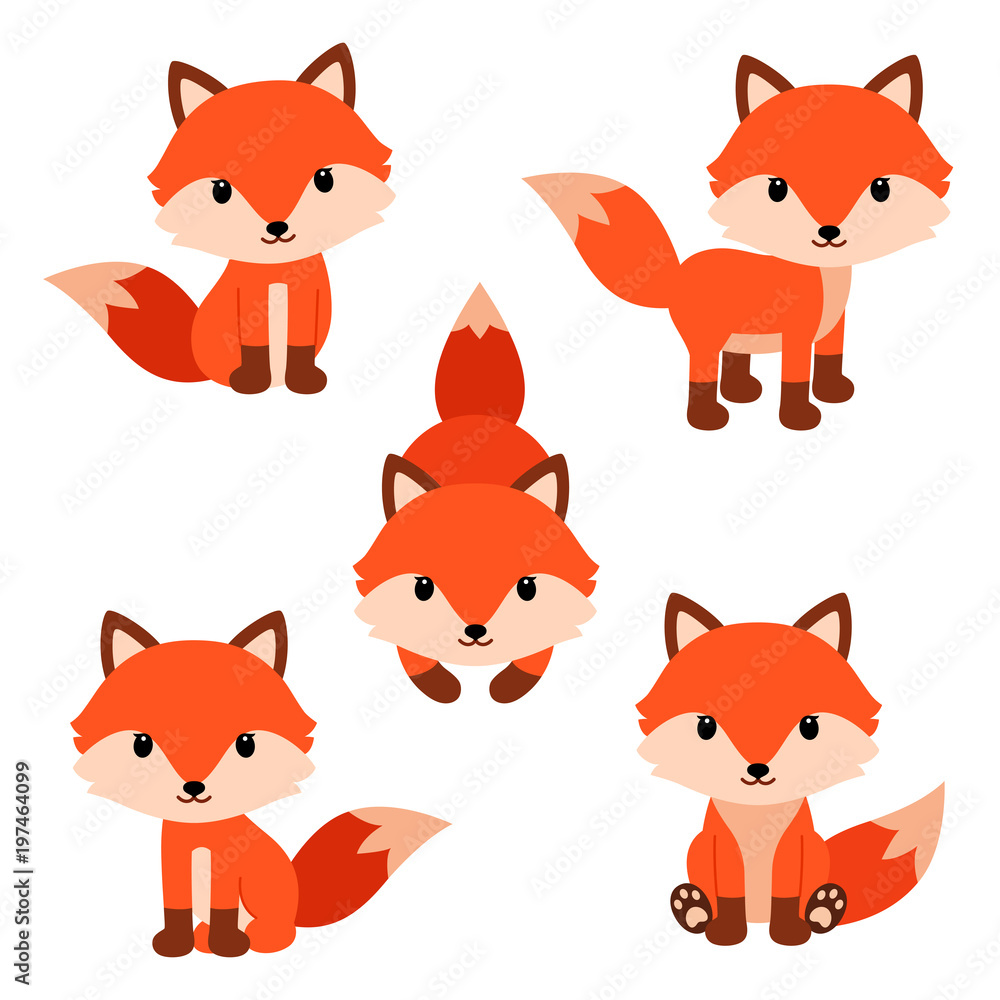 Set of cute cartoon foxes in modern simple flat style. - obrazy, fototapety, plakaty 