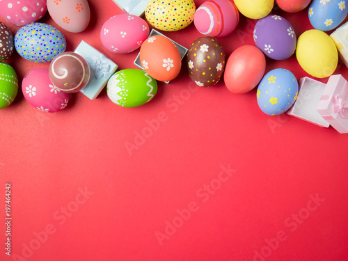 Easter eggs on the red background.