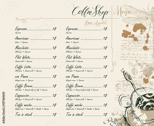 Vector Coffee shop menu with the price list, pencil drawings of a Cup of coffee, dragonfly, coffee beans and handwritten inscriptions on abstract background of old manuscript with spots in retro style