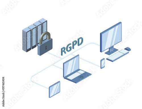 RGPD, Spanish and Italian version version of GDPR: Regolamento generale sulla protezione dei dati. Concept vector isometric illustration, isolated on white. General Data Protection Regulation.