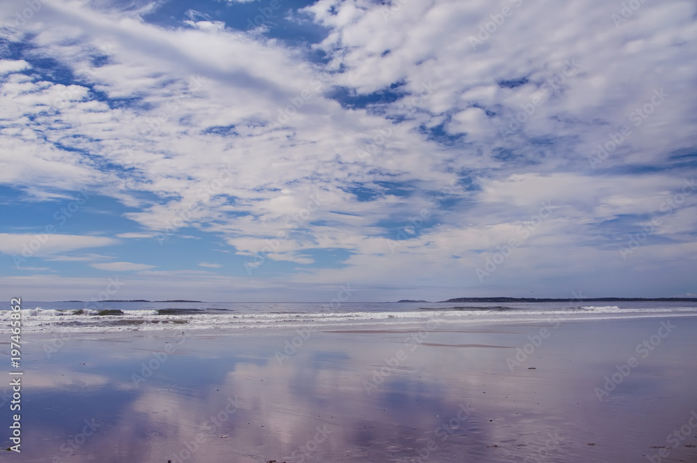 the shore of the ocean at low tide, the reflection of clouds in the surface of sand and water, Atlantic Ocean. USA
