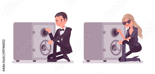 Secret agent gentleman, lady spy of intelligence service at safe