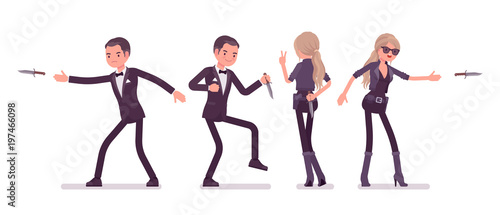 Secret agent gentleman, lady spy of intelligence service with knife