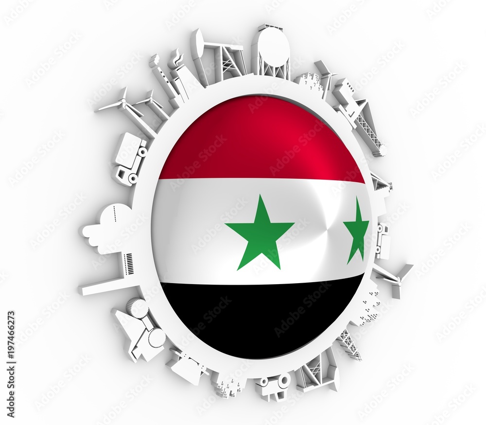 Circle with industry relative silhouettes. Objects located around the circle. Industrial design background. Flag of the Syria in the center. 3D rendering
