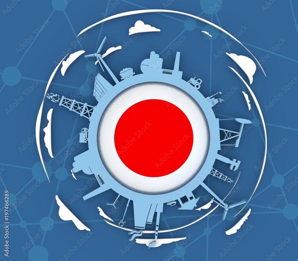 Fototapeta premium Circle with industry relative silhouettes. Objects located around the circle. Industrial design background. Flag of the Japan in the center. 3D rendering