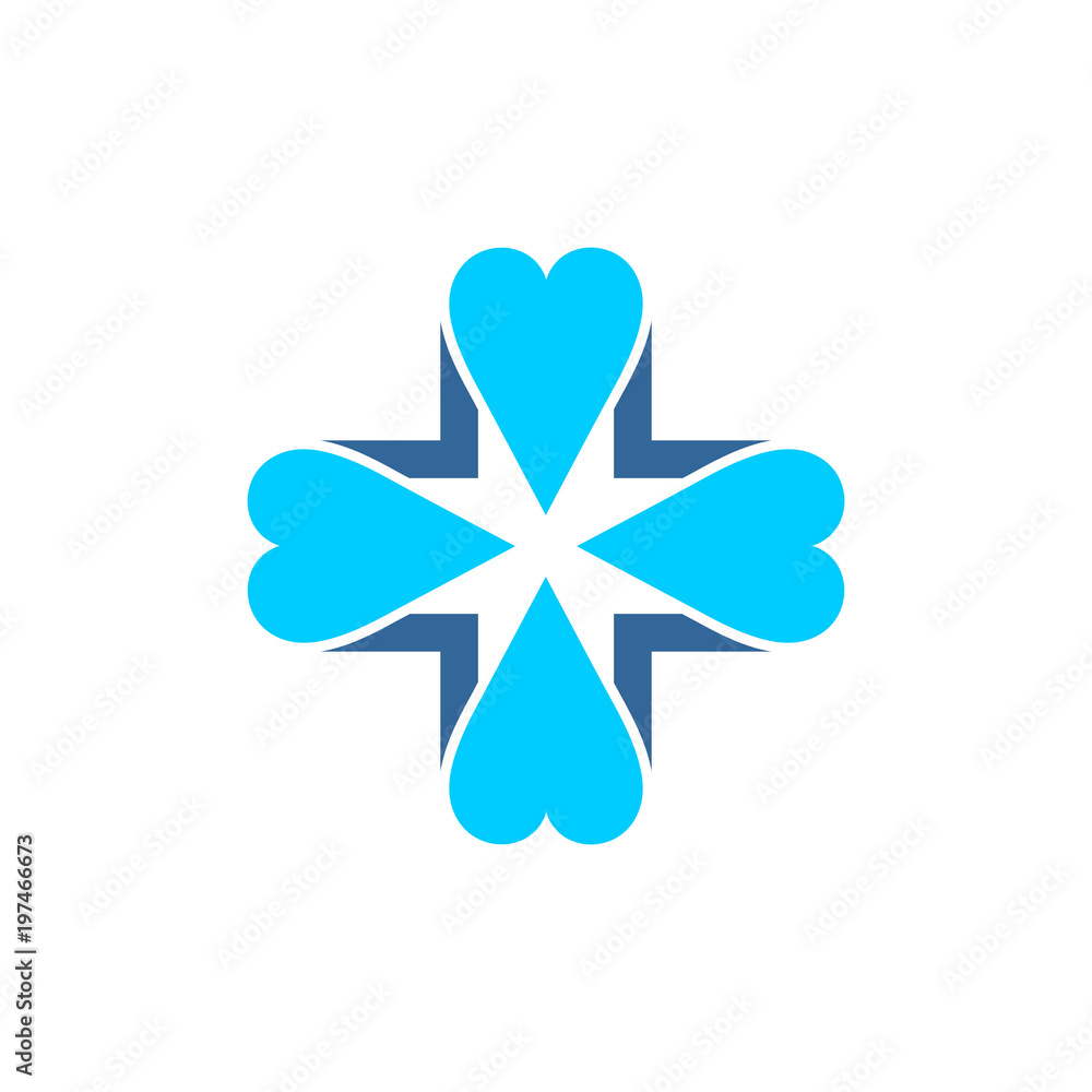 Blue vector cross covered by four blue hearts Blue vector cross covered by four blue hearts