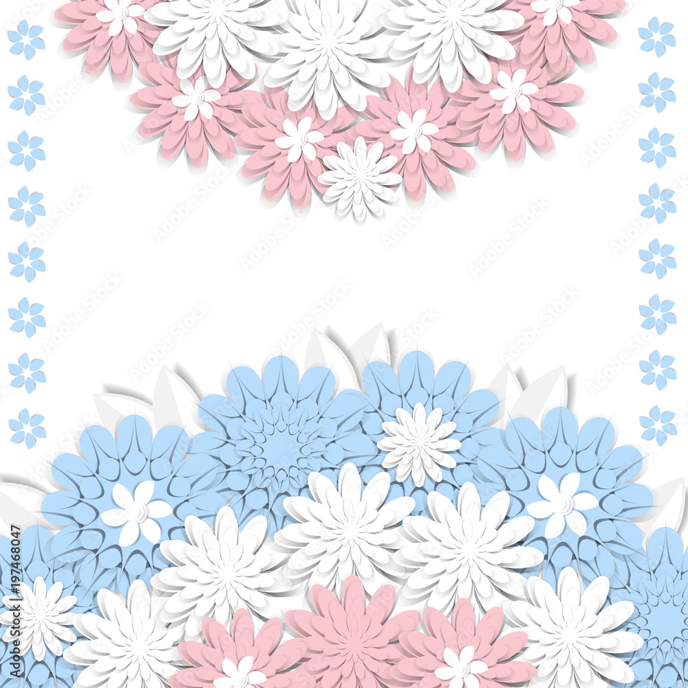 Fototapeta premium Greeting card with 3d paper flowers and place for text. Romantic design with paper cut flovers in pastel colors. For invitations, wedding, birthday and other festive projects.