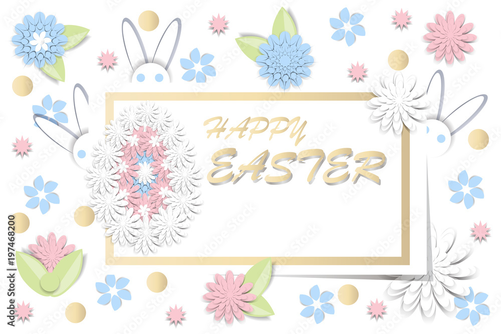 Happy Easter. Greeting card with 3d paper flowers and decorative egg. Romantic design with paper cut flovers in pastel colors.