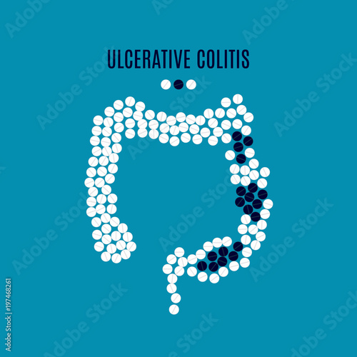 Ulcerative colitis awareness poster with intestine made of pills on blue background. Inflammatory bowel disorder. Medical solidarity concept. Human body organ disease. Vector illustration.