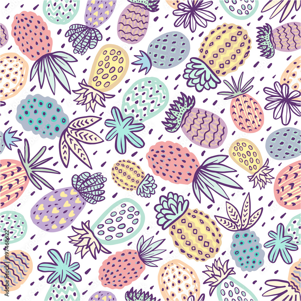 Seamless pineapple pattern. Handdrawn Pinapple with different textures in pastel colors. Exotic fruits background For Fashion print, textile, fabric, covers, wallpapers, wrap. Seamless pineapple pattern. Handdrawn Pinapple with different textures in pastel colors. Exotic fruits background For Fashion print, textile, fabric, covers, wallpapers, wrap.