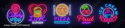 Big collection neon signs on theme food. Set Neon signs Burger, Sweets, Pizza, Fruits, Ice cream shop, Candy shop. Neon banner, light emblem logos. Vector illustration