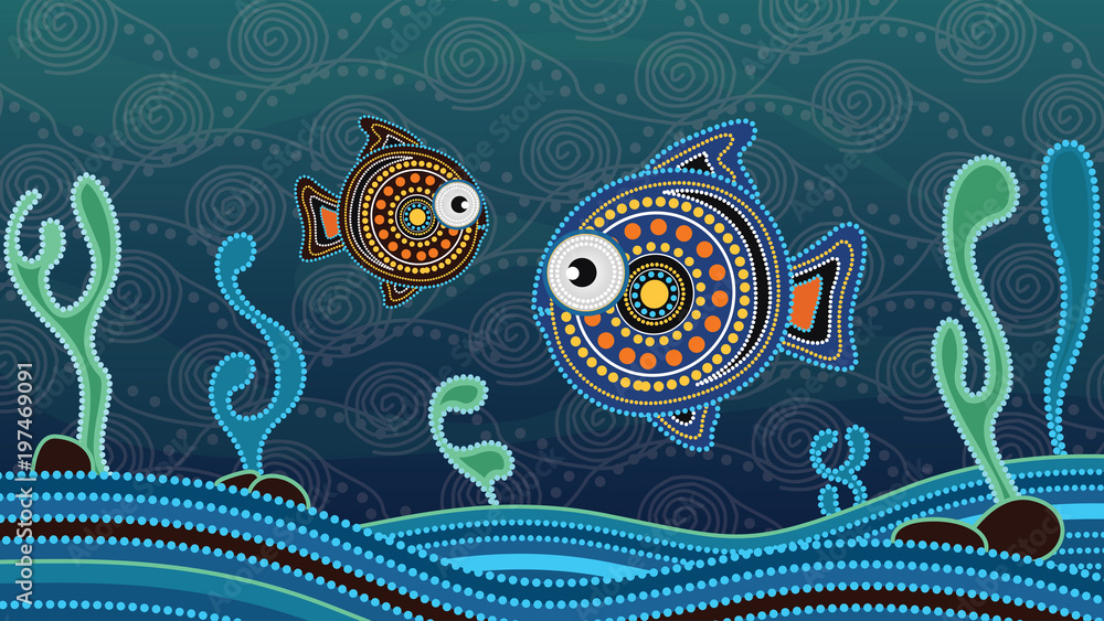 Fototapeta premium Aboriginal dot art painting with fish. Underwater concept, Landscape background wallpaper vector illustration