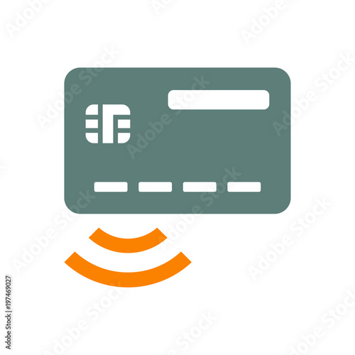 Icono plano tarjeta de credito sin contacto en gris y naranja