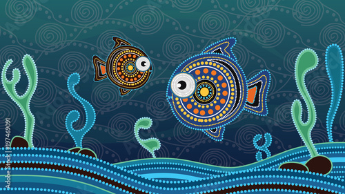 Aboriginal dot art painting with fish. Underwater concept, Landscape background wallpaper vector illustration