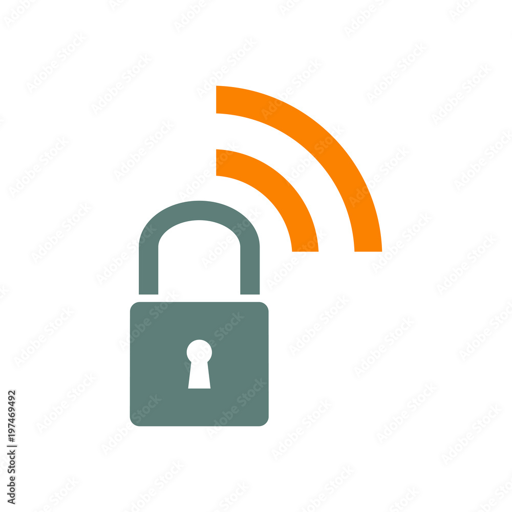 Icono plano candado con ondas en gris y naranja Icono plano candado con ondas en gris y naranja