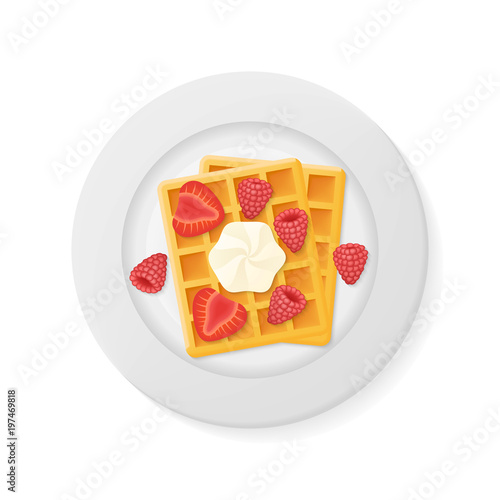 Plate with belgian waffles with raspberries, strawberries and cream isolated on white background. Top view. Vector illustration.
