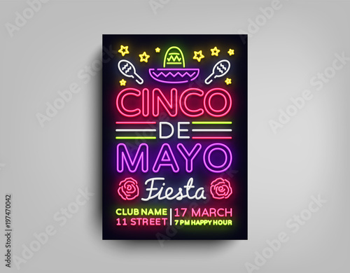 Cinco de Mayo poster design neon style template. Neon sign, bright light neon flyer, light banner, typography, Mexican holiday. Invitation to party, festival, celebration, fiesta. Vector illustration