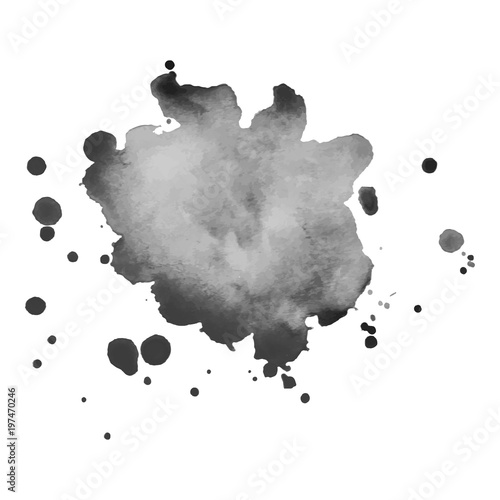 Gray watercolor spot with droplets, smudges, stains, splashes. Grayscale blot in grunge style.