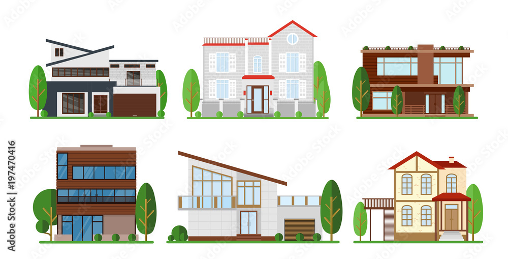 Vector illustration set of home exterior design. Modern apartment, cottage, building concept cottage in flat design.