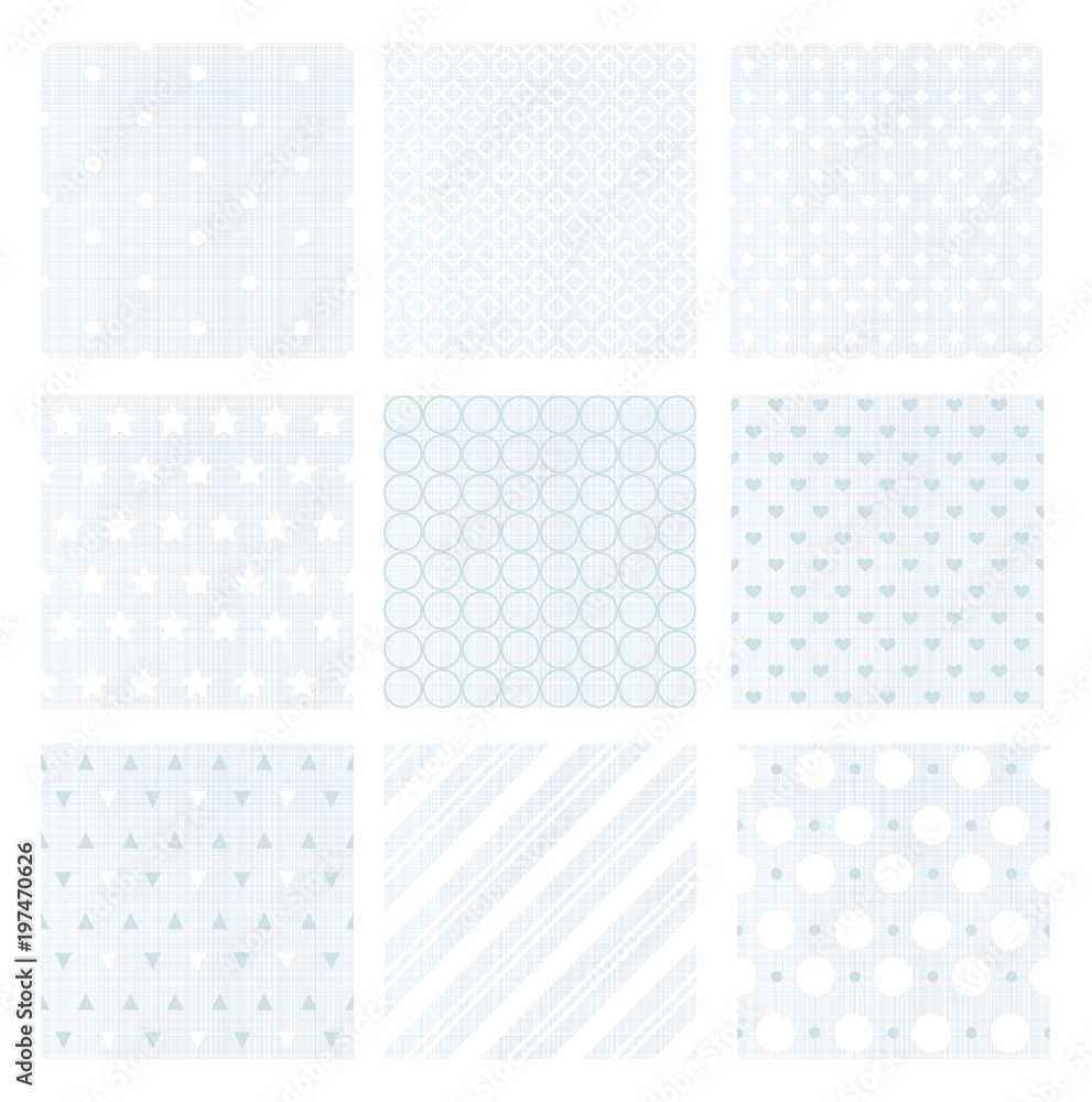 Vector illustration set of nine gentle faded blue retro seamless patterns on linen background.