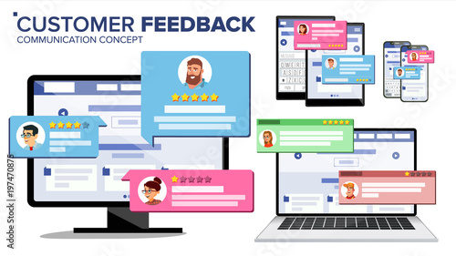 Customer Review Page On Computer Monitor, Laptop, Tablet, Mobile Phone Vector. Client Testimonials. Website Rating Feedback And Review Concept. Isolated Flat Illustration