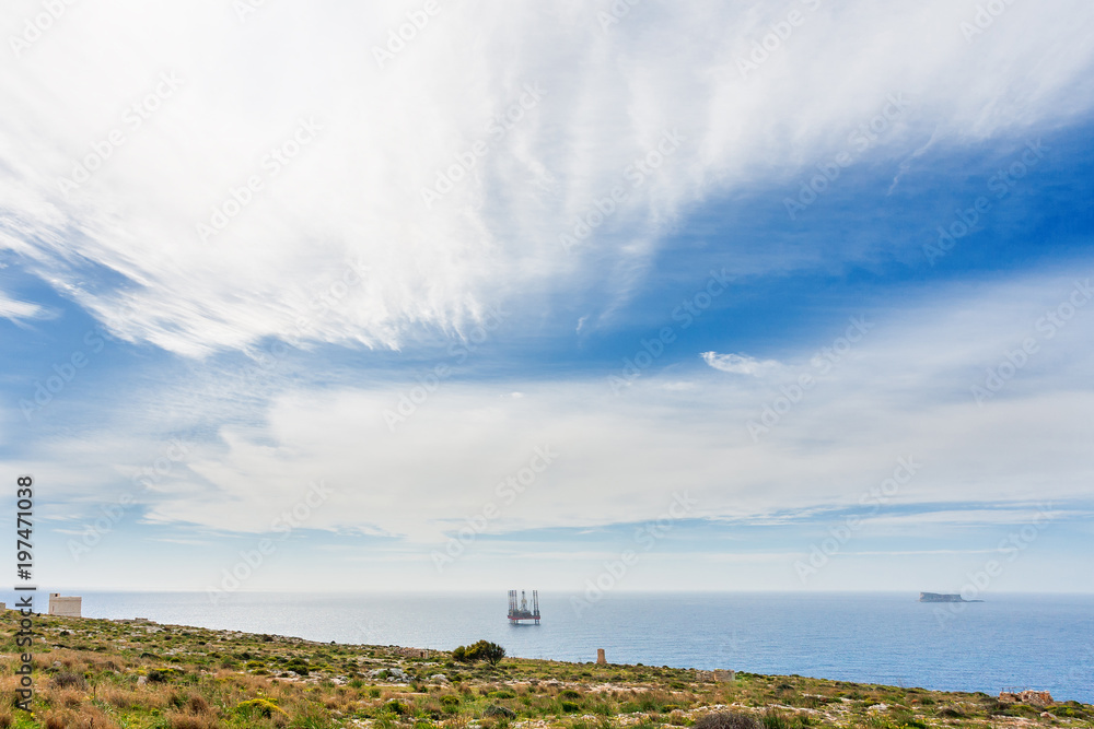 Gas extraction platform. Seascape in sunny day from Gozo island, Malta.