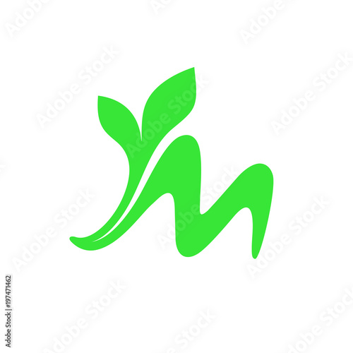 Shiny green letter m with two leaves