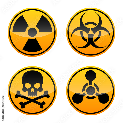 Danger vector sign set. Radiation sign, Biohazard sign, Toxic sign, Chemical Weapons Sign.