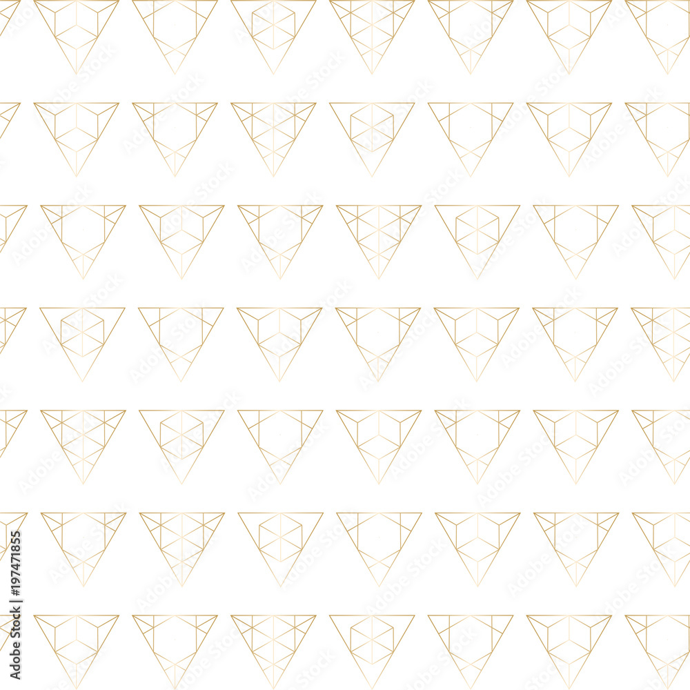 Geometric hipster pattern with gold triangular elements. Trendy chic golden background design for wedding, invitations, birthday, save the date, anniversary, fashion banners, web design, business card