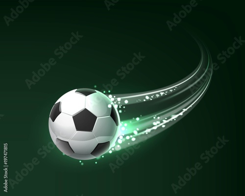 Flying soccer ball with shine motion blur isolated on dark background