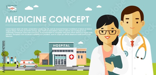 Medicine concept with doctors in flat style isolated on blue background. Practitioner young doctor man and woman, hospital building, ambulance car and helicopter. Medical staff.
