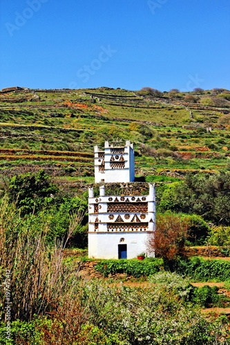 Landscape of Tarambados village with traditional dovecotes in the background. Tinos island, Cyclades islands, Greece. photo