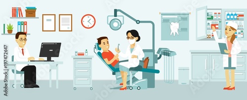 Medicine dental office concept in flat style. Hospital interior with workplace, equipment, instruments. Young doctor woman and patient man in dentist chair.