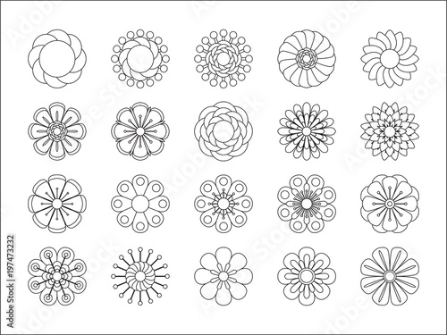 Monochrome floral icon set of 20 silhouette flowers Isolated on white background. Stylized summer or spring flowers, floral design elements. Vector illustration