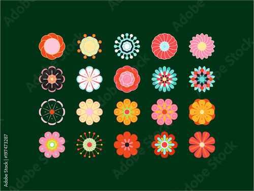 Blooming colored icon set. Stylized bright summer or spring flowers, floral design elements. Vector illustration in style of 70's