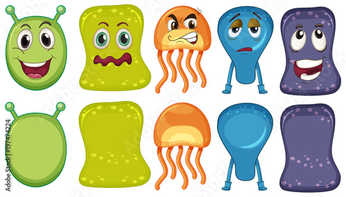 Five monsters with different facial expressions