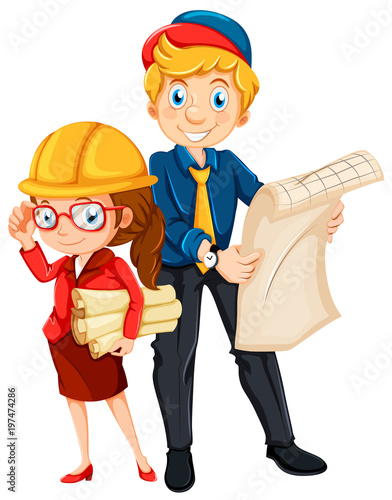 Male and female engineer with blueprint