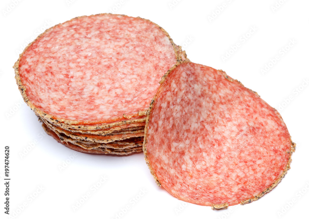Italian Salami or spanish chorizo on white background Italian Salami or spanish chorizo on white background