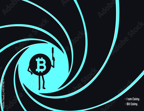 Crypto currency Bitcoin in the circle of rifled barrel vector illustration. Secret agent, detective, spy Bit Coiny character with a gun flat style illustration