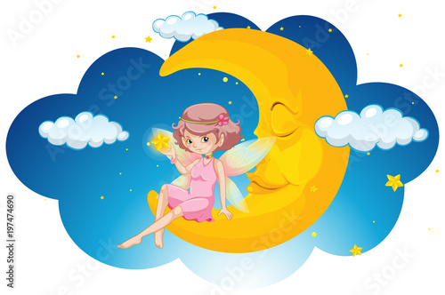 Cute fairy sitting on moon at night