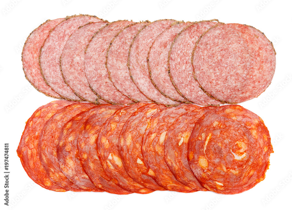 Italian Salami or spanish chorizo on white background Italian Salami or spanish chorizo on white background