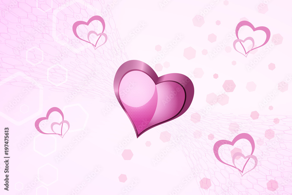 Pink wide background with hexagon pattern and heart label for holidays and packaging.