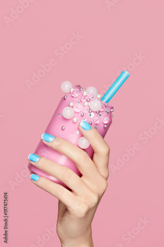 Blue Nails. Woman With Soda Can In Hands