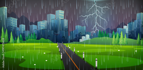 City scene on thunderstorm night