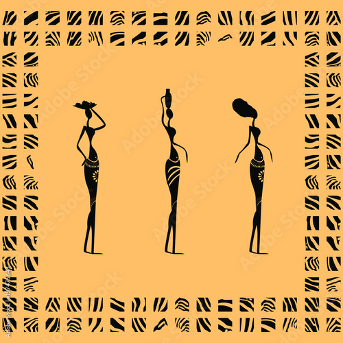 The African theme. Black silhouettes of women with elements from the hide of a Zebra on a yellow background. Abstract vector ornament.