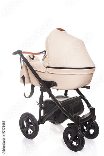 Baby carriage on white background in studio