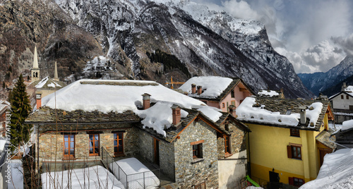 Beautiful panoramic view of historic mountain village on a scenic cold cloudy day