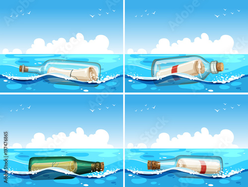 Four scenes of message in bottle