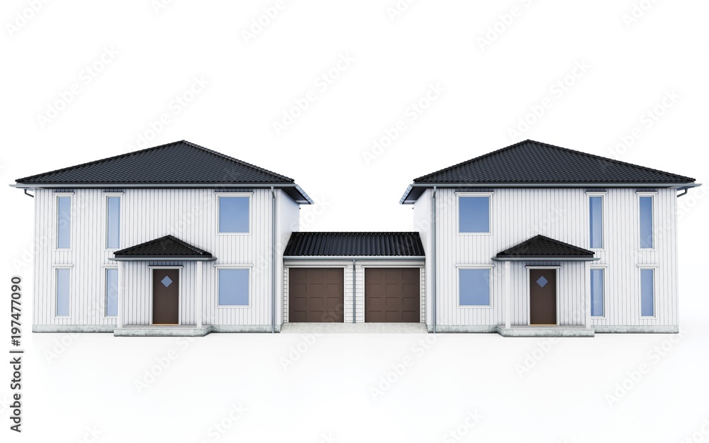 3d modern duplex houses on white background 3D illustration