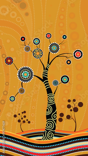 Tree on the hill, Aboriginal tree, Aboriginal art vector painting with tree. Illustration based on aboriginal style of dot background.